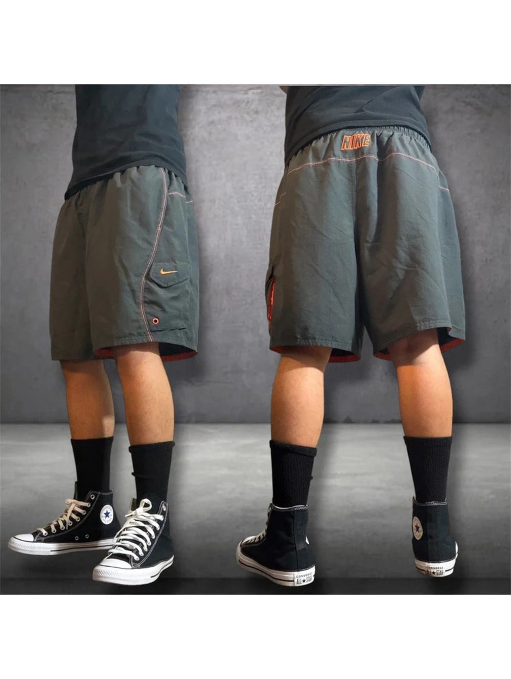 Y2K Nike swim cargo shorts gray and orange with embroidery w drawstring